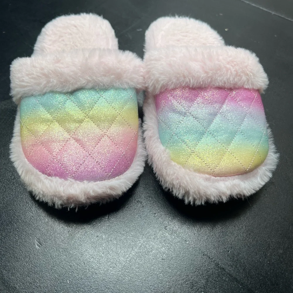 Kids Rainbow Quilted Slippers with Faux Fur 13-1